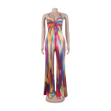 Sexy Print Twist V-Neck Cami Wide Leg Jumpsuit