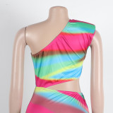 Sexy Colorful Print Slash Shoulder Cutout Ruffle Slit Maxi Dress