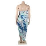 Plus Size Print Strapless Top and Slit Skirt Two Pieces