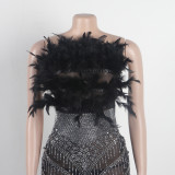 See-Through Feather Rhinestone Strapless Nightclub Bodycon Dress