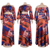 Sexy Printed Lantern Sleeve Off Shoulder Crop Top Slit Long Skirt 2PCS Set