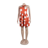 Sexy Polka Dot Print Halter Neck Sleeveless Layered Dress