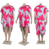 Plus Size Print Slash Shoulder Asymmetric High Low Casual Dress
