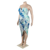 Plus Size Print Strapless Top and Slit Skirt Two Pieces