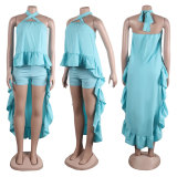Sexy Solid Halter Neck Ruffles High Low Top and Shorts Two-Piece Set