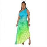 Fashion Gradient Print Slash Shoulder Irregular Pleated Maxi Dress