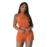 Sexy Pleated Two Piece Set Sleeveless Cropped Tank + Shorts