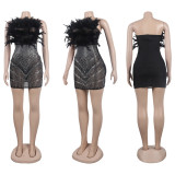 See-Through Feather Rhinestone Strapless Nightclub Bodycon Dress