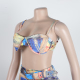 Sexy Fashion Print Underwired Bra Top Slim Fit Strechy Belted Pants Two Pieces
