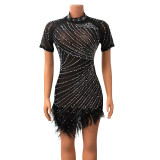 Sexy Mesh Beaded Short Sleeve Feather Trim Irregular Club Dress