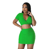 Sexy Popcorn Bubble Crop Top Two Piece Skirt Set