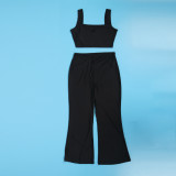 Sexy Solid V-Bar Straps Crop Top High Waist Flare 2PCS Pants Set
