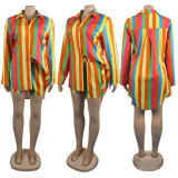 Print Colorful Long Sleeve Shirt and Shorts 2PCS Set