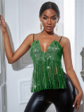 Sexy Deep V Halter Neck Tassel Rhinestone Backless Top