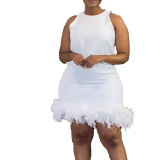 Sexy Solid Sleeveless Feather Trim Bodycon Dress