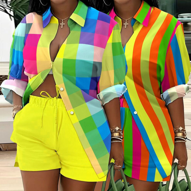 Print Colorful Long Sleeve Shirt and Shorts 2PCS Set