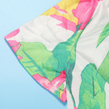 Sexy Floral Printed 2PCS Set Wide-Leg Loose Pants +Short-Sleeve Tie Crop Top