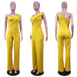 Women's Solid One Shoulder Sleeveless Wide Leg Jumpsuit