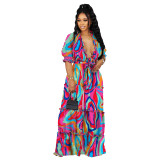 Sexy Printed Ruffle V-Neck Shirred Tie Front Top High Waist Wide Leg  Pants Plus Size 2PCS Set