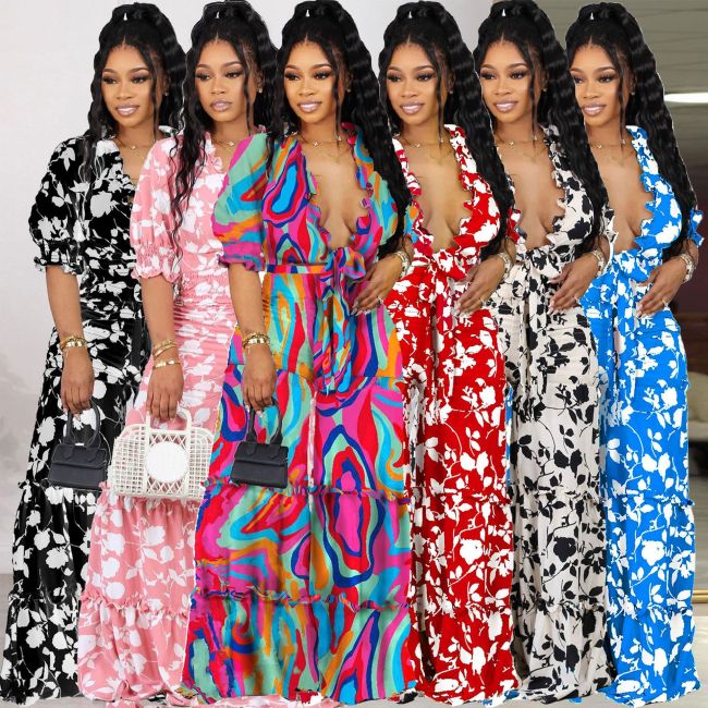 Sexy Printed Ruffle V-Neck Shirred Tie Front Top High Waist Wide Leg  Pants Plus Size 2PCS Set