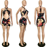 Sexy Halter Low Back Cutout Print Drawstring Club Dress