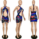 Sexy Halter Low Back Cutout Print Drawstring Club Dress