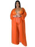 Sexy See-Through Long Sleeve Robe Dress Plus Size Two-Piece Pants Set(without Bra Pantie)