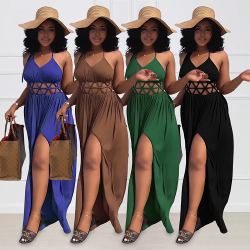 Sexy Hollow Out Low Back Halter Casual Slit Maxi Dress