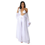 See-Through Two Pieces Solid Bat Sleeves Long Cardigan Pants Set