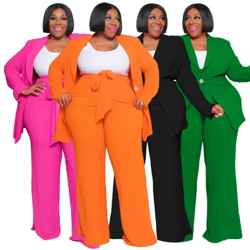 Plus Size Fashion Career Long Sleeve Blazer Belted Trousers 2-Piece Set