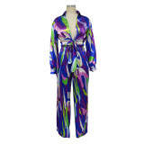 Printed 2PC Set Deep V Tie Front Long Sleeve Top and Pleated Pants