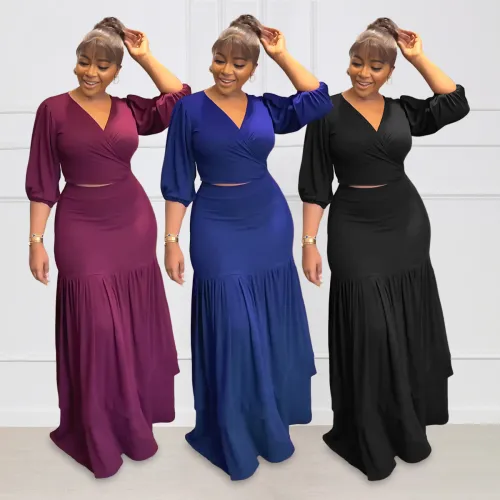 Sexy Half Sleeve Knot Crop Top Long Skirt 2PCS Set