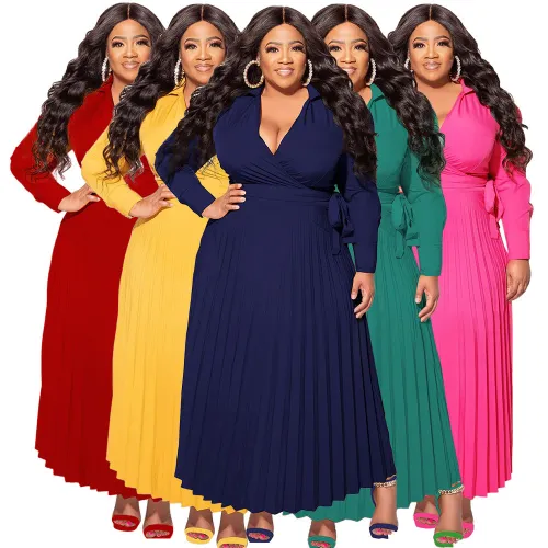 Plus Size V-Neck Tie Waist Solid Long Sleeve Pleated Skirt