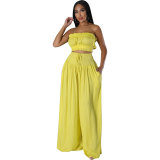 Solid Bandeau Top and Wide Leg Pants Shirred Two-Piece Set