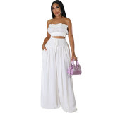 Solid Bandeau Top and Wide Leg Pants Shirred Two-Piece Set