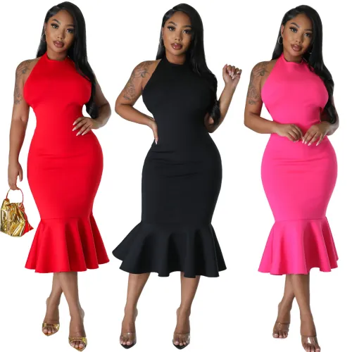 Sexy Slim Low Back Sleeveless Solid Bodycon Mermaid Dress