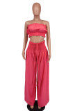 Solid Bandeau Top and Wide Leg Pants Shirred Two-Piece Set