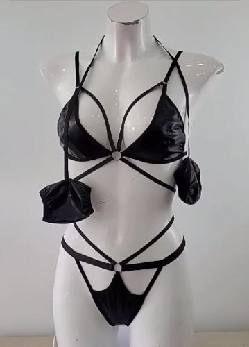 Hollow Out PU Leather Black Sexy Lingerie Set
