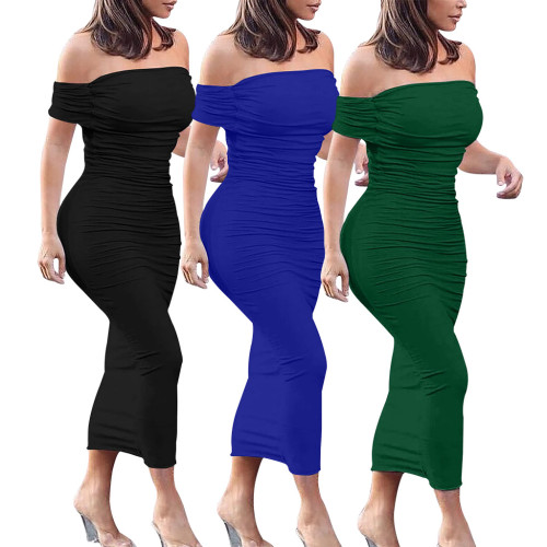 Sexy Solid Off Shoulder Ruched Bodycon Long Dress