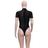Black Sexy Flocking See-Through Mesh Short Sleeve Club Bodysuit