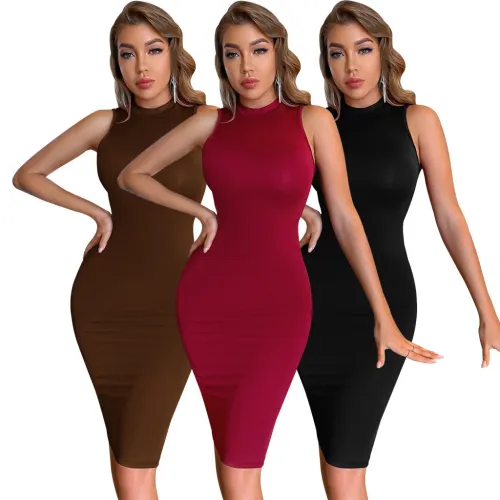 Sexy Solid Round Neck Sleeveless Bodycon Dress