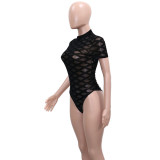 Black Sexy Flocking See-Through Mesh Short Sleeve Club Bodysuit