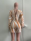 Sexy Ribbed Print V-Neck  Long Sleeve Trendy Rompers