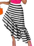Fashion Stripe Ruffle Long Irregular Skirt