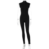 Sexy Zip Up Solid Sleeveless Bodycon Jumpsuit