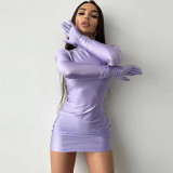 Sexy Solid Mock Neck Long Sleeve Bodycon Dress with Gloves