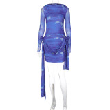 Print Blue Long Sleeve Tie Dye Ruched Bodycon Dress
