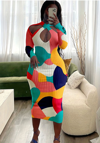 Plus Size Geometric Print Long Sleeve Cutout Midi Dress
