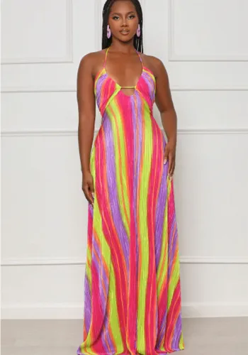 Halter Striped Plunge Printed Maxi Dress