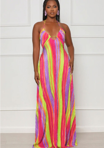 Halter Striped Plunge Printed Maxi Dress